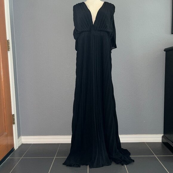 boohoo OCCASION NWT  Black Knife Pleat Maxi Dress w/ Capelette 16Tall Extra Long - Picture 1 of 15